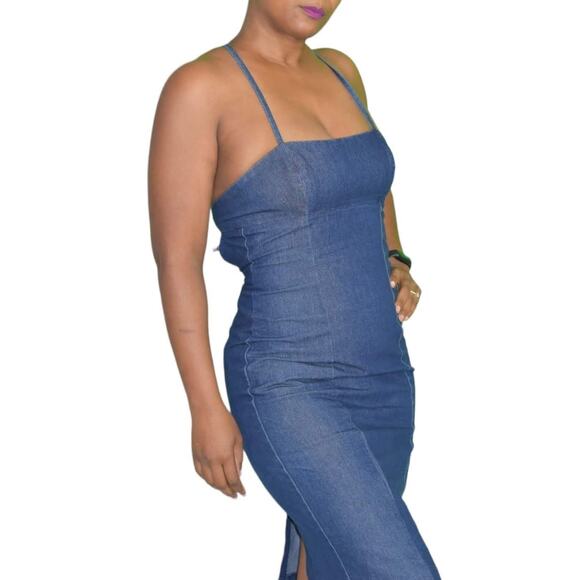 Vintage Guess Denim Dress Blue Jean Bodycon Pencil Halter Back Ties Size Small - Picture 3 of 15